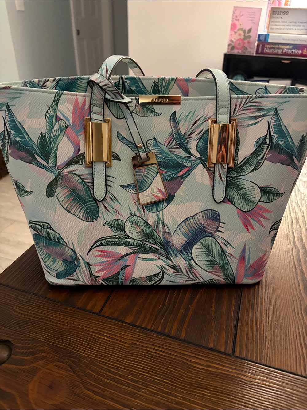 ALDO Floral Leaf Print Tote in Mint, Pink and Teal